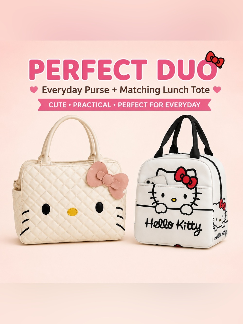 Hello Kitty Cream & White Quilted Purse with Pink Bow + Matching Lunch Tote